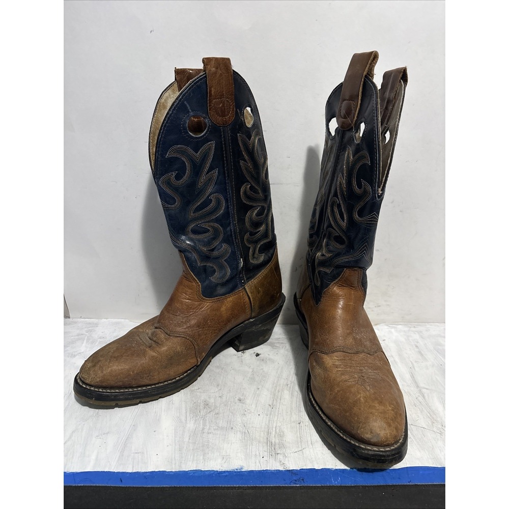 Double H Men Western Cowboy Boots Blue Brown Leather Square Toe 1580 8.5 D